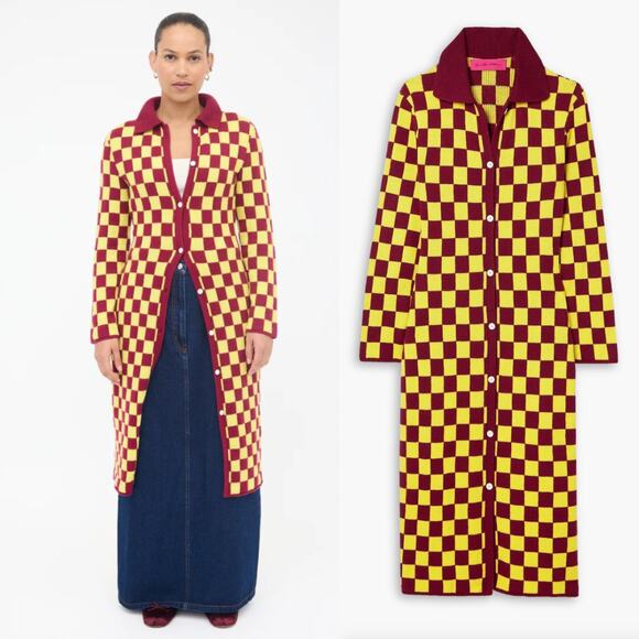 The Elder Statesman | Cabernet Yellow Checkered Cashmere Knit Cardigan Dress S - Picture 3 of 15